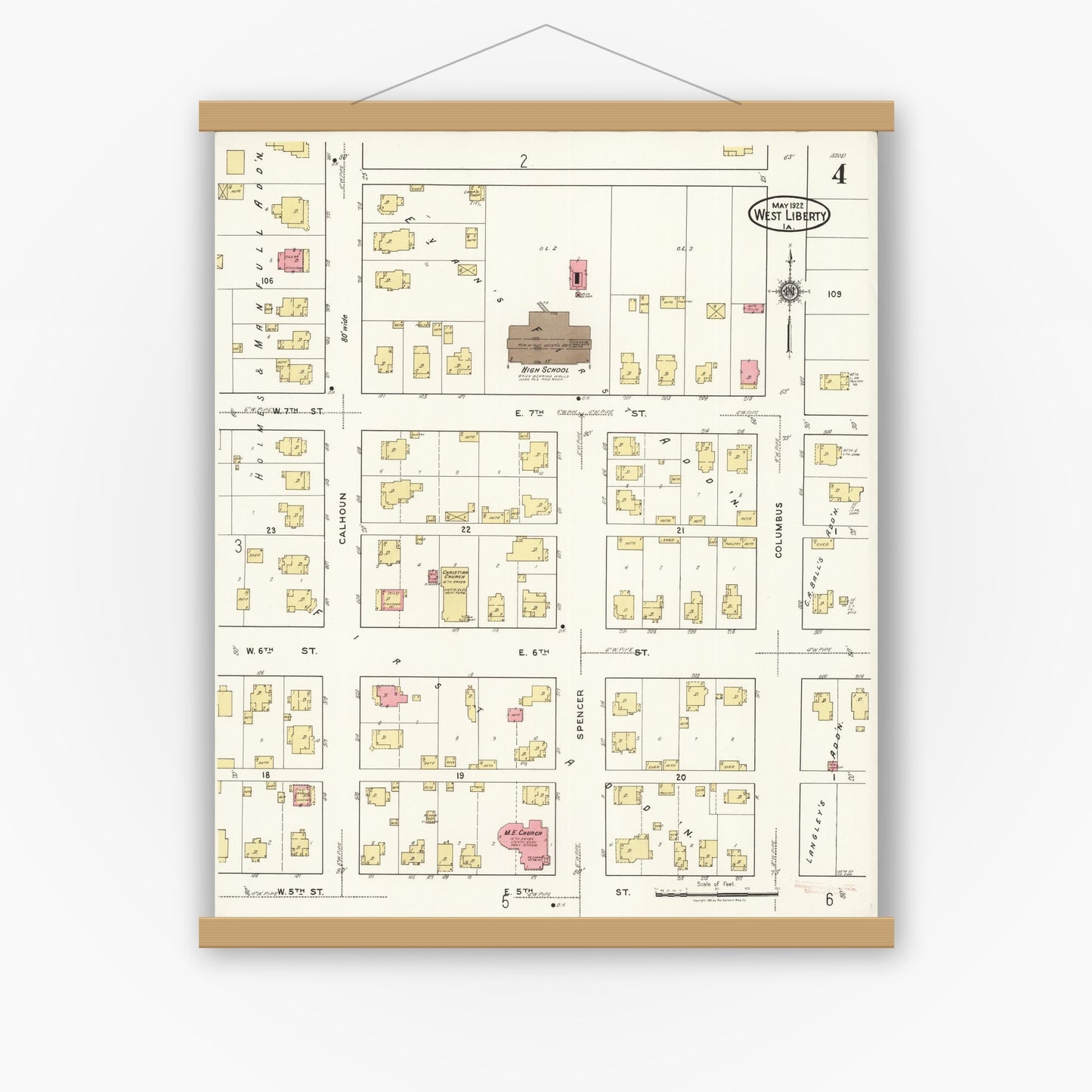 Old map wall art mockup — magnetic wood frame on white wall — Sanborn Fire Insurance Map from West Liberty, Muscatine County, Iowa (1922), Sheet #0004