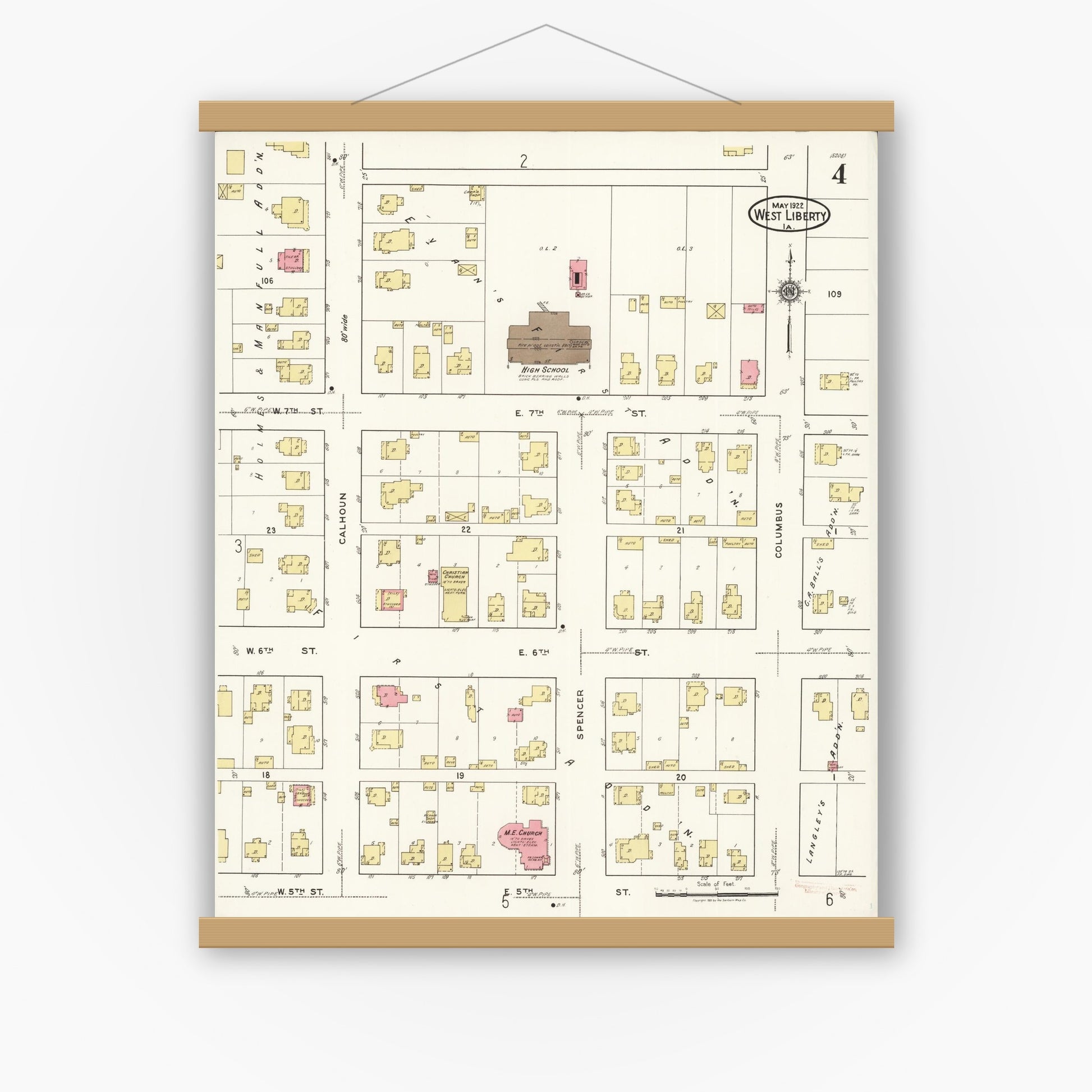 Old map wall art mockup — magnetic wood frame on white wall — Sanborn Fire Insurance Map from West Liberty, Muscatine County, Iowa (1922), Sheet #0004