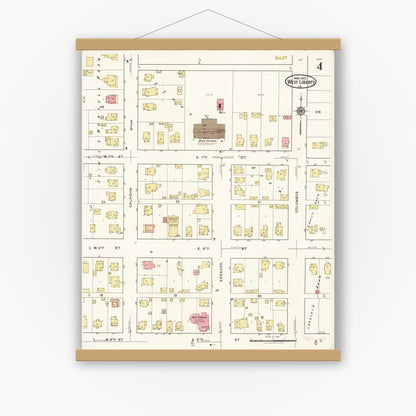Old map wall art mockup — magnetic wood frame on white wall — Sanborn Fire Insurance Map from West Liberty, Muscatine County, Iowa (1922), Sheet #0004