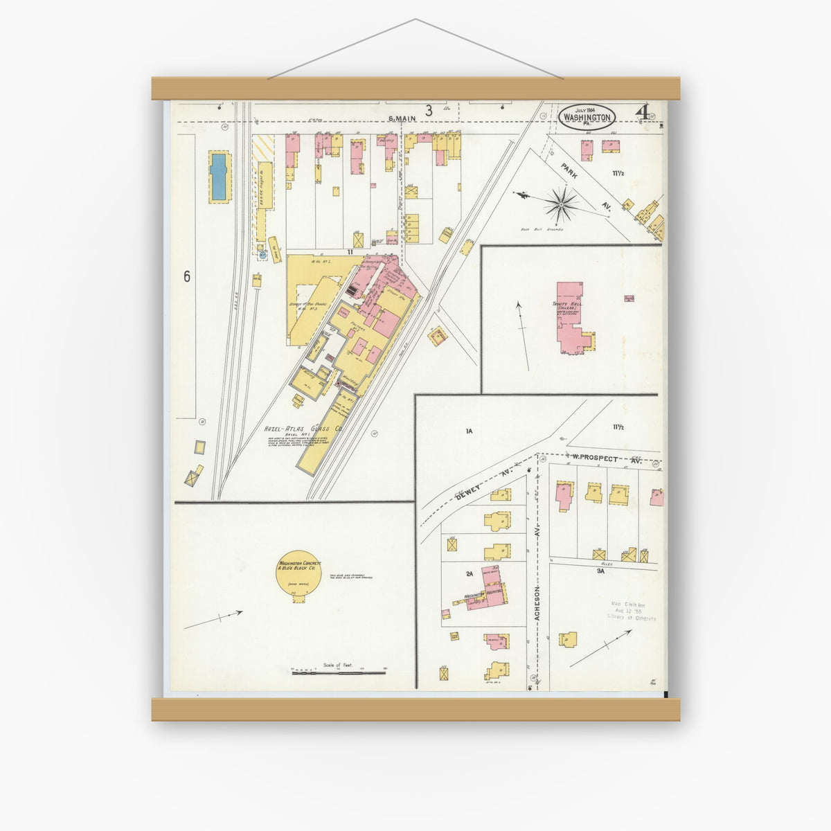 Old map wall art mockup — magnetic wood frame on white wall — Sanborn Fire Insurance Map from Washington, Washington County, Pennsylvania (1904), Sheet #0004