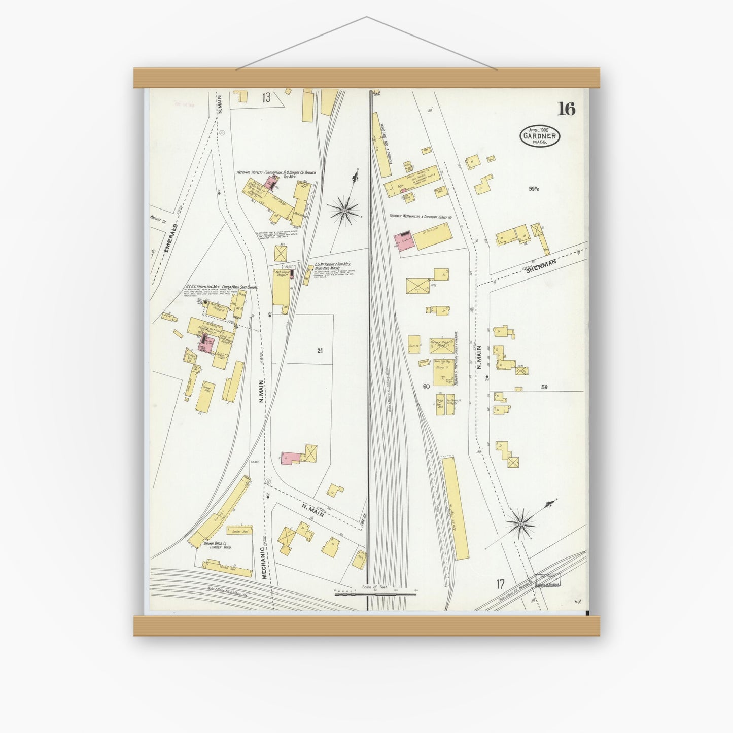 Old map wall art mockup — magnetic wood frame on white wall — Sanborn Fire Insurance Map from Gardner, Worcester County, Massachusetts (1905), Sheet #0016