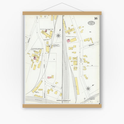 Old map wall art mockup — magnetic wood frame on white wall — Sanborn Fire Insurance Map from Gardner, Worcester County, Massachusetts (1905), Sheet #0016
