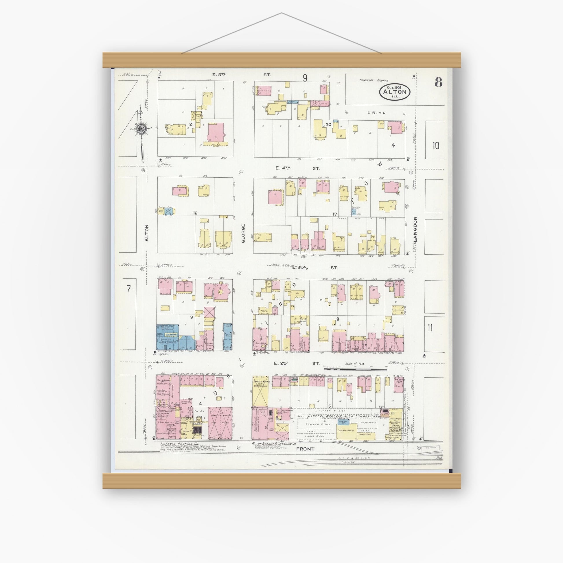 Old map wall art mockup — magnetic wood frame on white wall — Sanborn Fire Insurance Map from Alton, Madison County, Illinois (1909), Sheet #0008