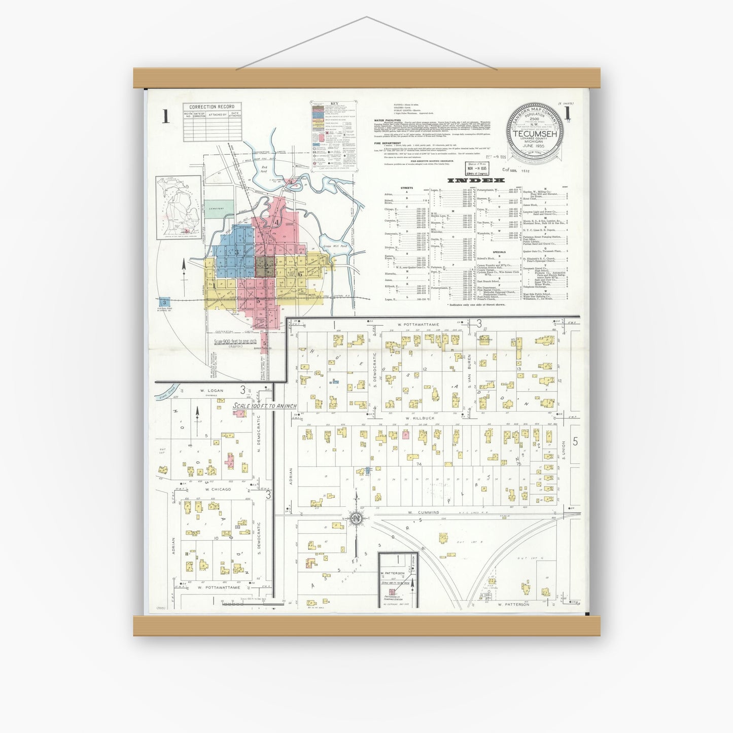 Old map wall art mockup — magnetic wood frame on white wall — Sanborn Fire Insurance Map from Tecumseh, Lenawee County, Michigan (1935) - Complete Map Set