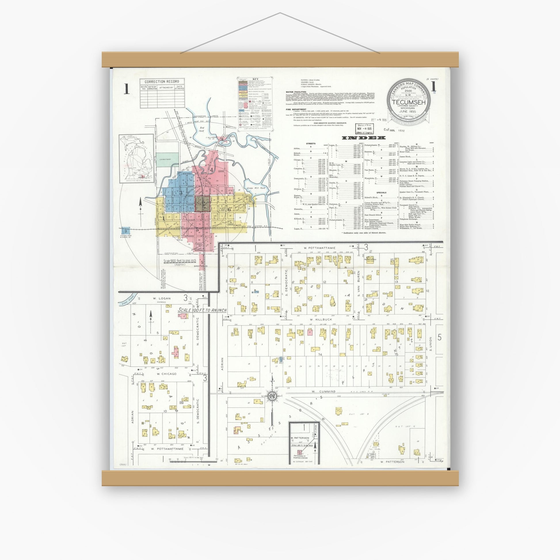 Old map wall art mockup — magnetic wood frame on white wall — Sanborn Fire Insurance Map from Tecumseh, Lenawee County, Michigan (1935) - Complete Map Set