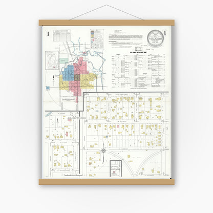 Old map wall art mockup — magnetic wood frame on white wall — Sanborn Fire Insurance Map from Tecumseh, Lenawee County, Michigan (1935) - Complete Map Set