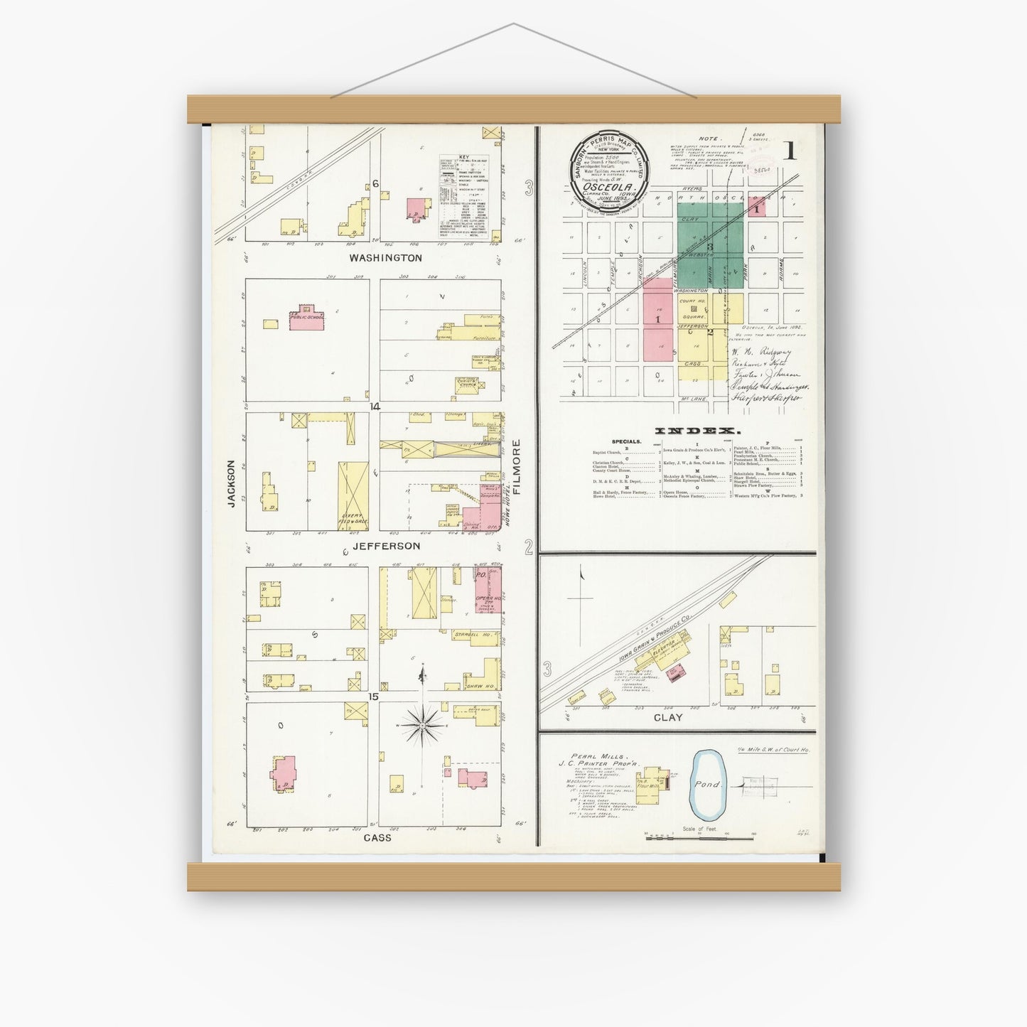 Old map wall art mockup — magnetic wood frame on white wall — Sanborn Fire Insurance Map from Osceola, Clarke County, Iowa (1893) â€” Complete Set