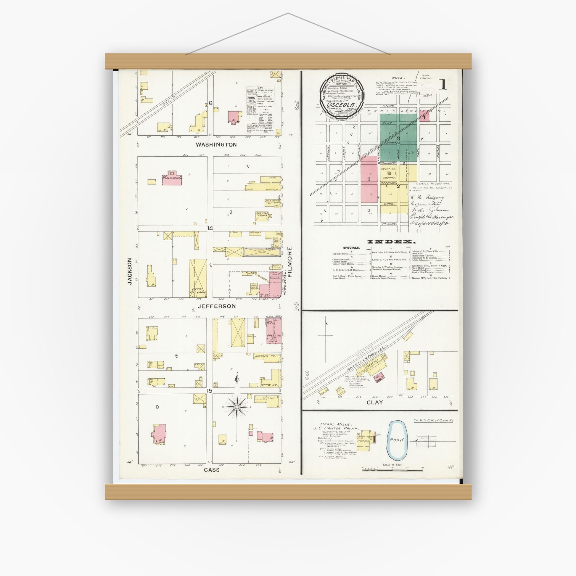 Old map wall art mockup — magnetic wood frame on white wall — Sanborn Fire Insurance Map from Osceola, Clarke County, Iowa (1893) â€” Complete Set