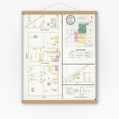 Old map wall art mockup — magnetic wood frame on white wall — Sanborn Fire Insurance Map from Osceola, Clarke County, Iowa (1893) â€” Complete Set
