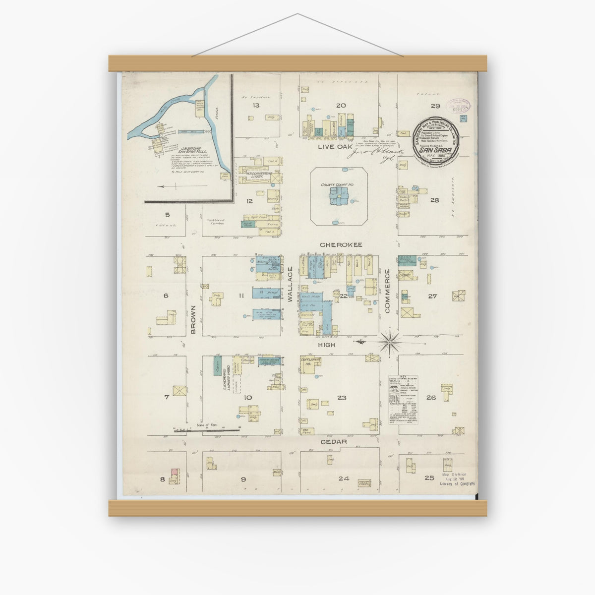 Old map wall art mockup — magnetic wood frame on white wall — Sanborn Fire Insurance Map from San Saba, San Saba County, Texas (1885), Sheet #0001