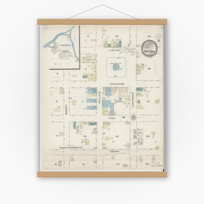 Old map wall art mockup — magnetic wood frame on white wall — Sanborn Fire Insurance Map from San Saba, San Saba County, Texas (1885), Sheet #0001