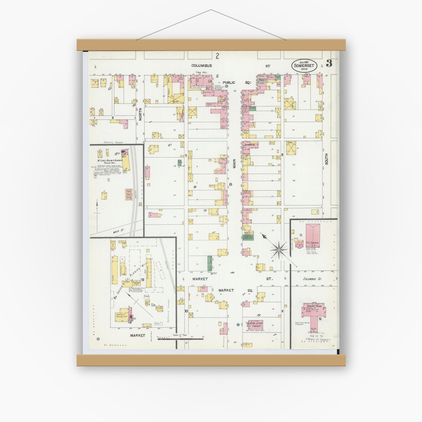 Old map wall art mockup — magnetic wood frame on white wall — Sanborn Fire Insurance Map from Somerset, Perry County, Ohio (1901), Sheet #0003