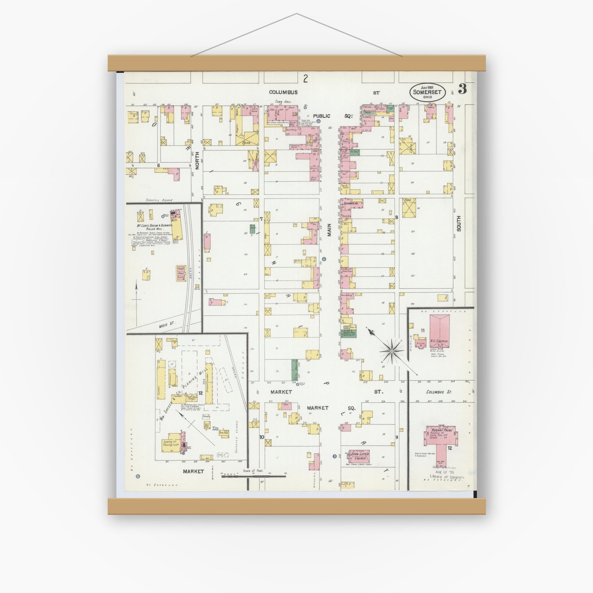 Old map wall art mockup — magnetic wood frame on white wall — Sanborn Fire Insurance Map from Somerset, Perry County, Ohio (1901), Sheet #0003