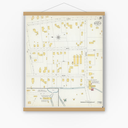 Old map wall art mockup — magnetic wood frame on white wall — Sanborn Fire Insurance Map from Mansfield, Bristol County, Massachusetts (1903), Sheet #0009