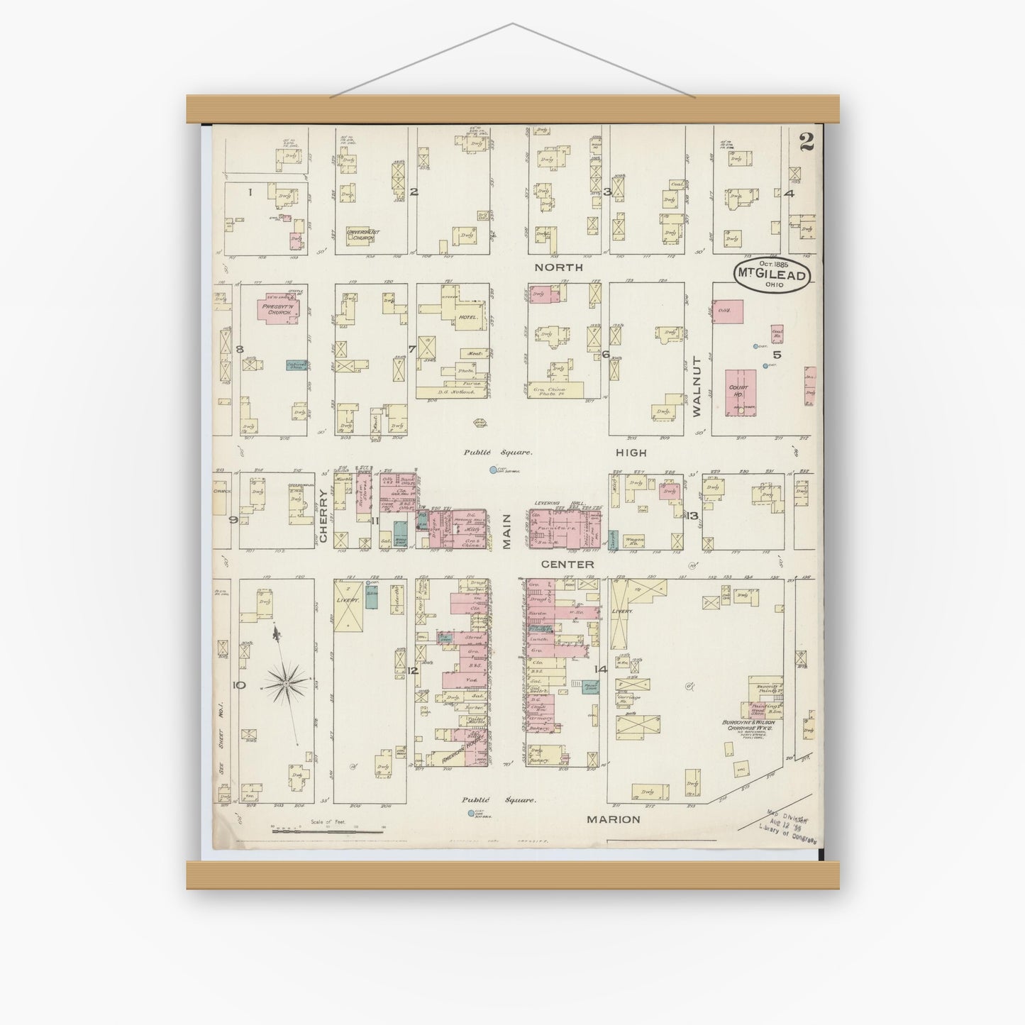 Old map wall art mockup — magnetic wood frame on white wall — Sanborn Fire Insurance Map from Mount Gilead, Morrow County, Ohio (1885), Sheet #0002