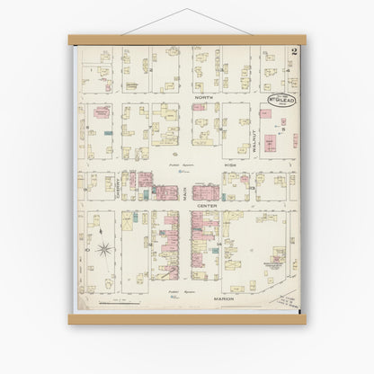 Old map wall art mockup — magnetic wood frame on white wall — Sanborn Fire Insurance Map from Mount Gilead, Morrow County, Ohio (1885), Sheet #0002