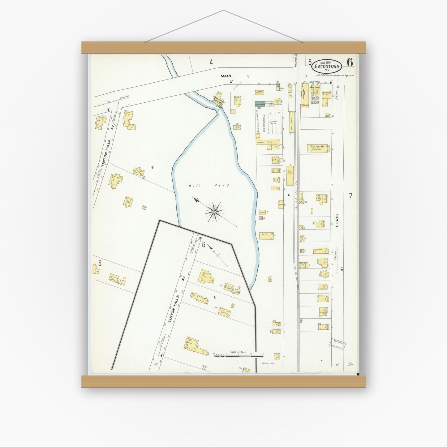 Old map wall art mockup — magnetic wood frame on white wall — Sanborn Fire Insurance Map from Eatontown, Monmouth County, New Jersey (1909), Sheet #0006