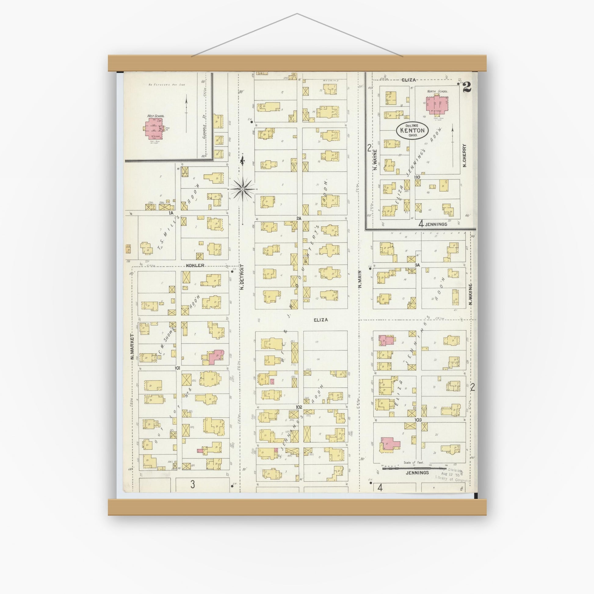 Old map wall art mockup — magnetic wood frame on white wall — Sanborn Fire Insurance Map from Kenton, Hardin County, Ohio (1902), Sheet #0002