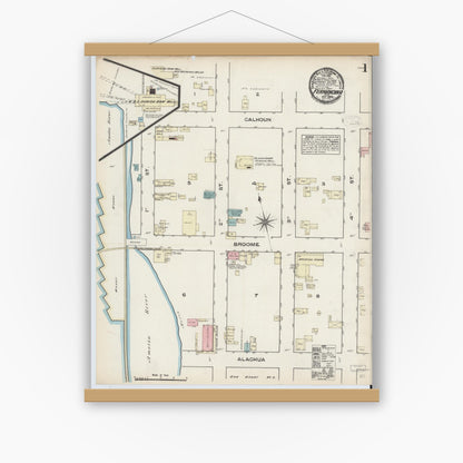 Old map wall art mockup — magnetic wood frame on white wall — Sanborn Fire Insurance Map from Fernandina, Nassau County, Florida (1884), Sheet #0001