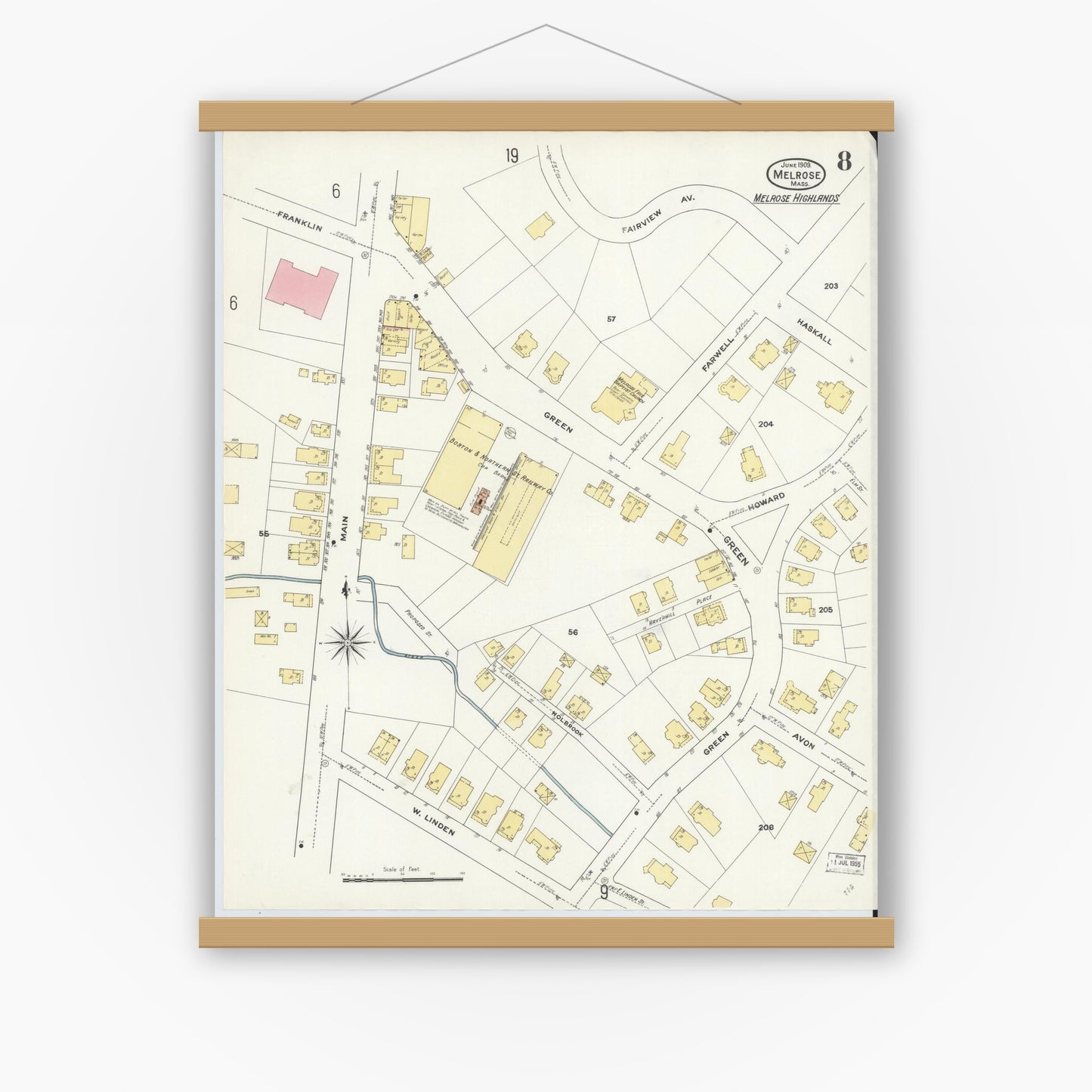 Old map wall art mockup — magnetic wood frame on white wall — Sanborn Fire Insurance Map from Melrose, Middlesex County, Massachusetts (1909), Sheet #0008