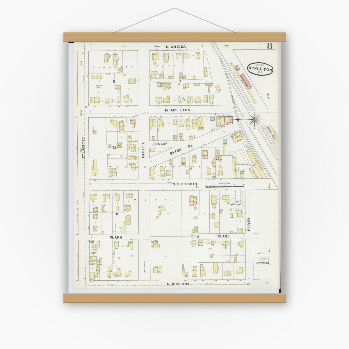 Old map wall art mockup — magnetic wood frame on white wall — Sanborn Fire Insurance Map from Appleton, Outagamie County, Wisconsin (1891), Sheet #0008