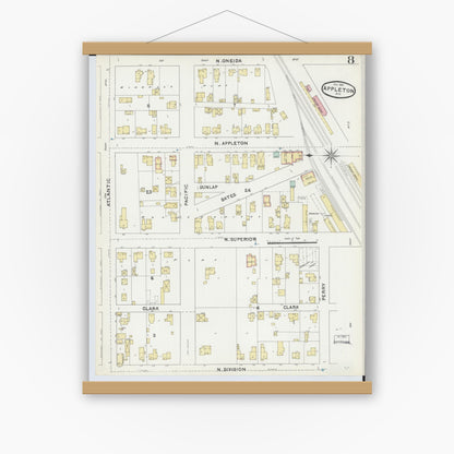 Old map wall art mockup — magnetic wood frame on white wall — Sanborn Fire Insurance Map from Appleton, Outagamie County, Wisconsin (1891), Sheet #0008