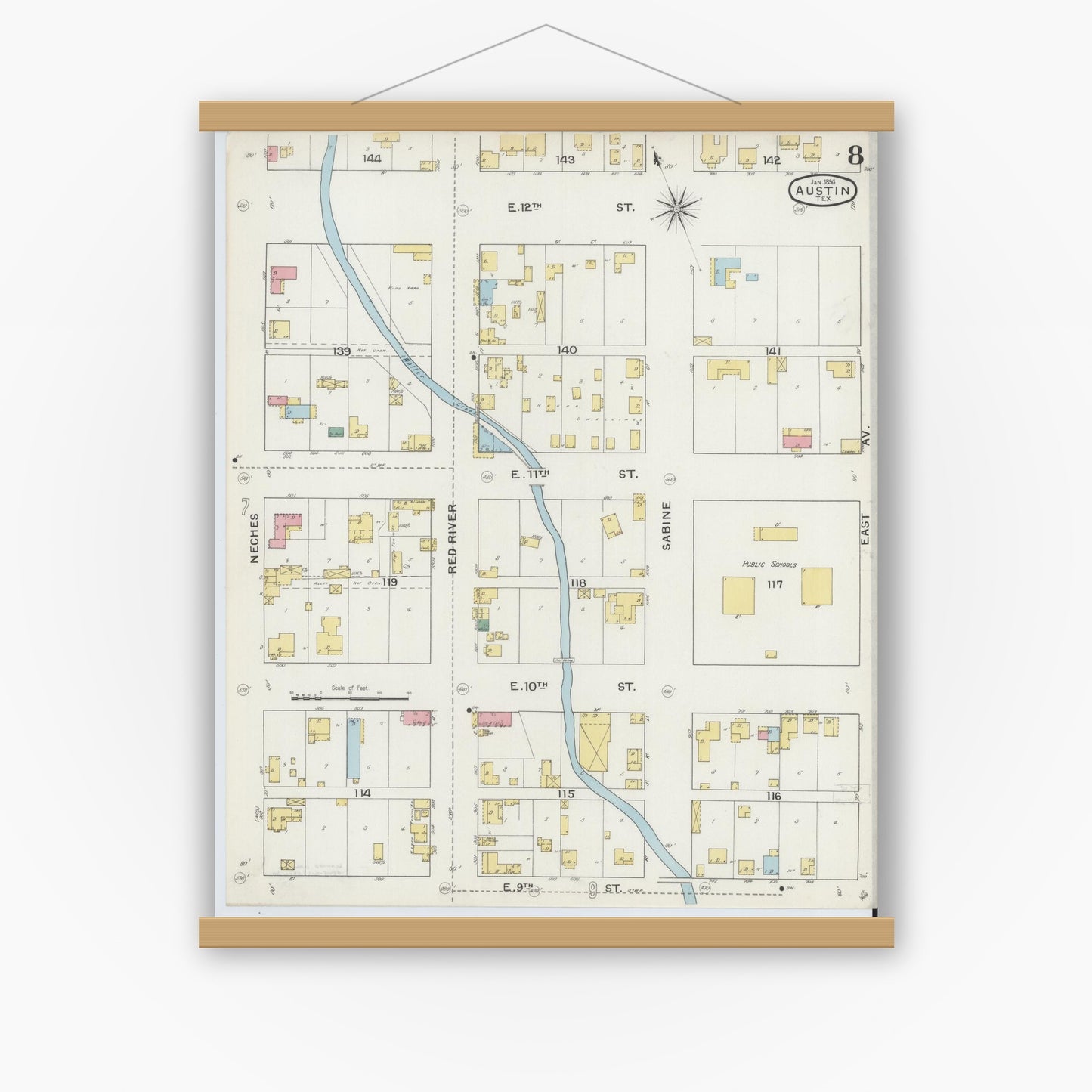 Old map wall art mockup — magnetic wood frame on white wall — Sanborn Fire Insurance Map from Austin, Travis County, Texas (1894), Sheet #0008