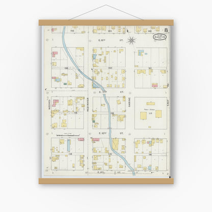 Old map wall art mockup — magnetic wood frame on white wall — Sanborn Fire Insurance Map from Austin, Travis County, Texas (1894), Sheet #0008