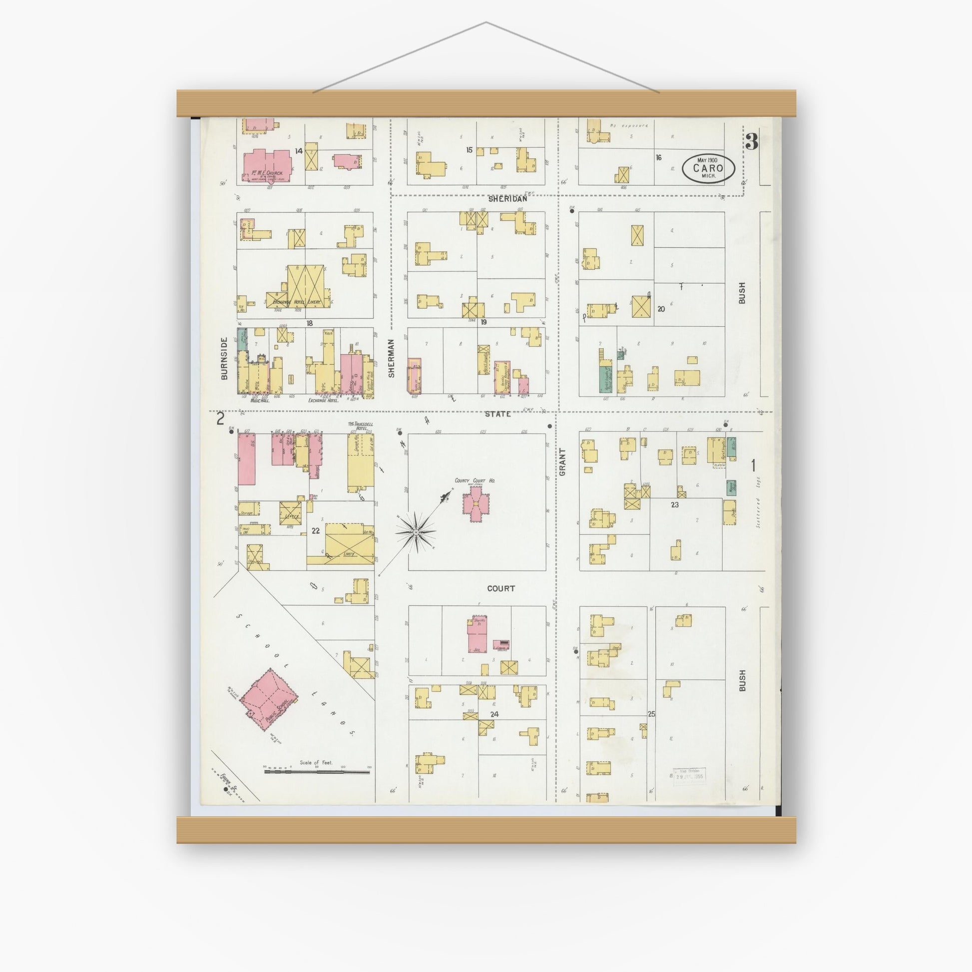 Old map wall art mockup — magnetic wood frame on white wall — Sanborn Fire Insurance Map from Caro, Tuscola County, Michigan (1900), Sheet #0003