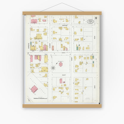 Old map wall art mockup — magnetic wood frame on white wall — Sanborn Fire Insurance Map from Caro, Tuscola County, Michigan (1900), Sheet #0003