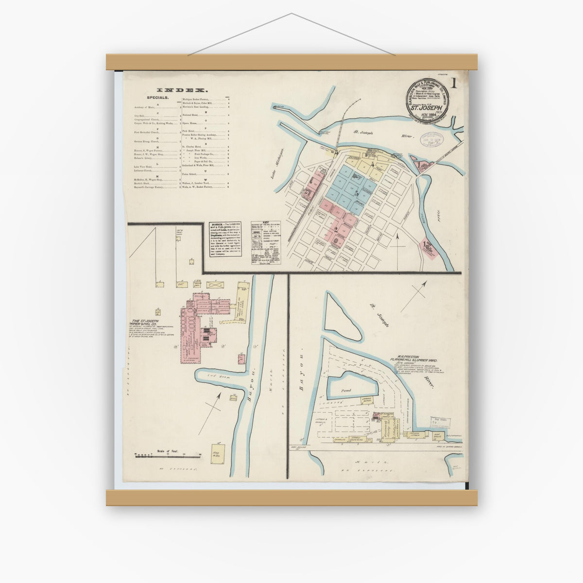 Old map wall art mockup — magnetic wood frame on white wall — Sanborn Fire Insurance Map from Saint Joseph, Berrien County, Michigan (1884), Sheet #0001