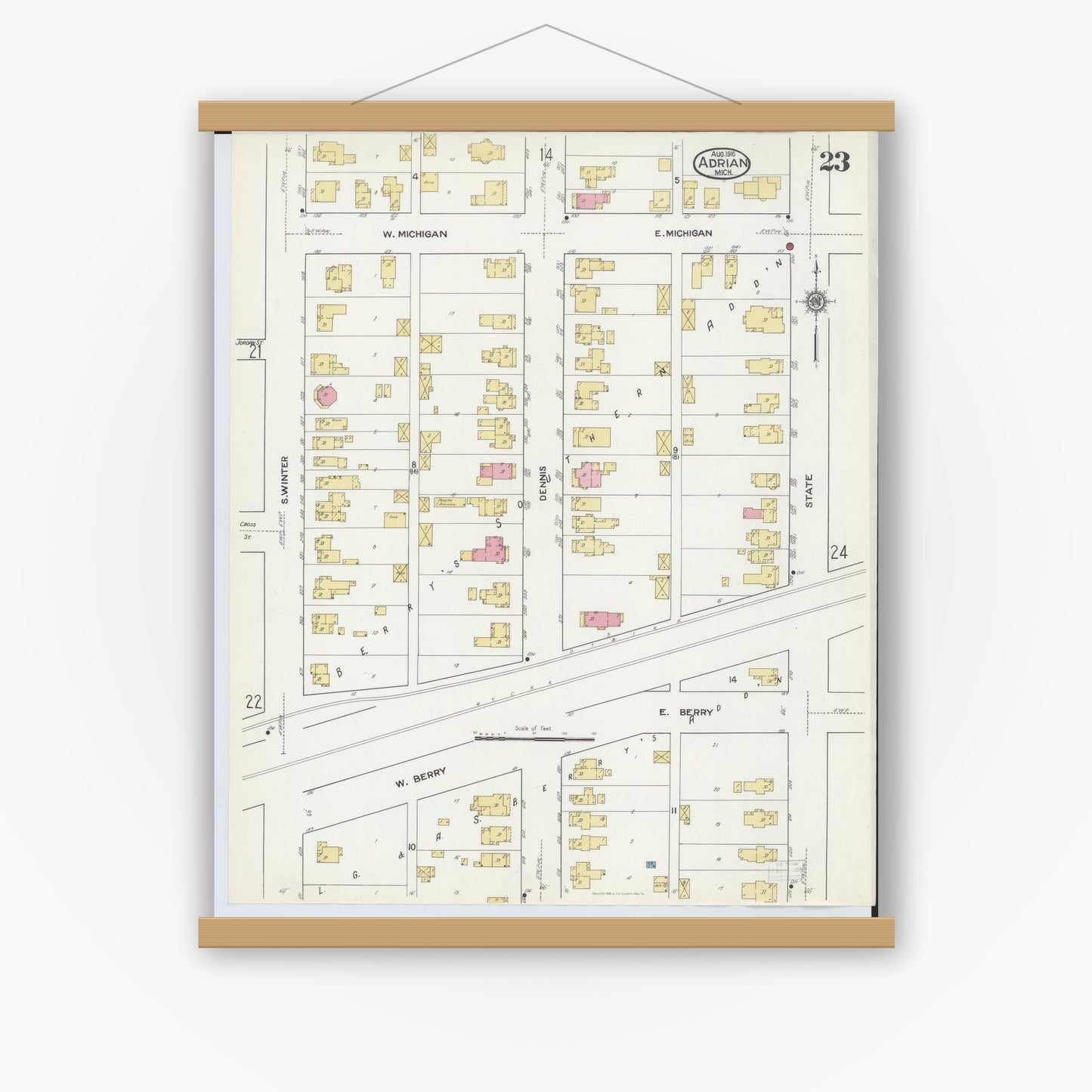 Old map wall art mockup — magnetic wood frame on white wall — Sanborn Fire Insurance Map from Adrian, Lenawee County, Michigan (1916), Sheet #0023