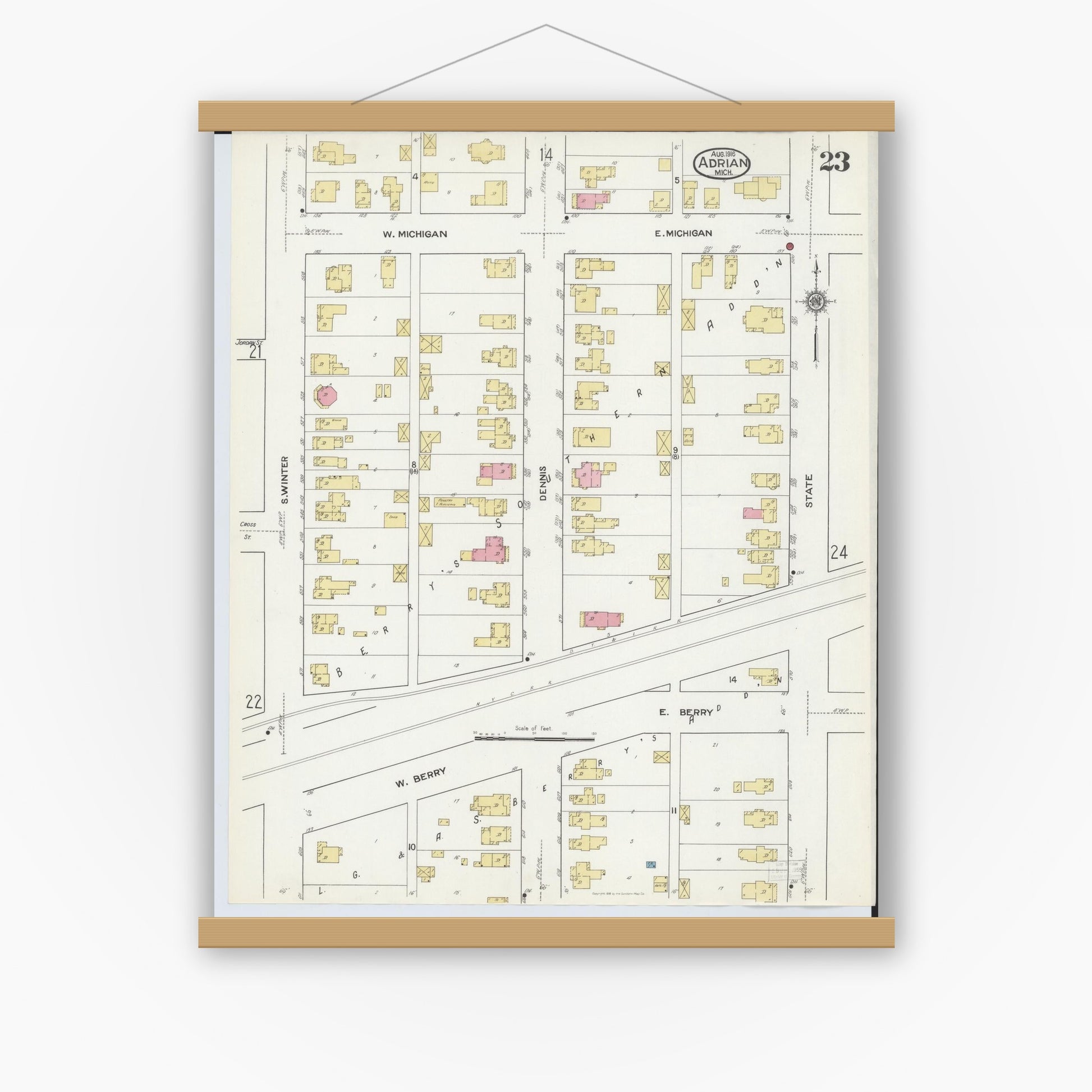 Old map wall art mockup — magnetic wood frame on white wall — Sanborn Fire Insurance Map from Adrian, Lenawee County, Michigan (1916), Sheet #0023