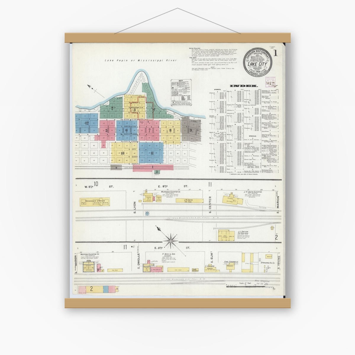 Old map wall art mockup — magnetic wood frame on white wall — Sanborn Fire Insurance Map from Lake City, Wabasha County, Minnesota (1909), Sheet #0001
