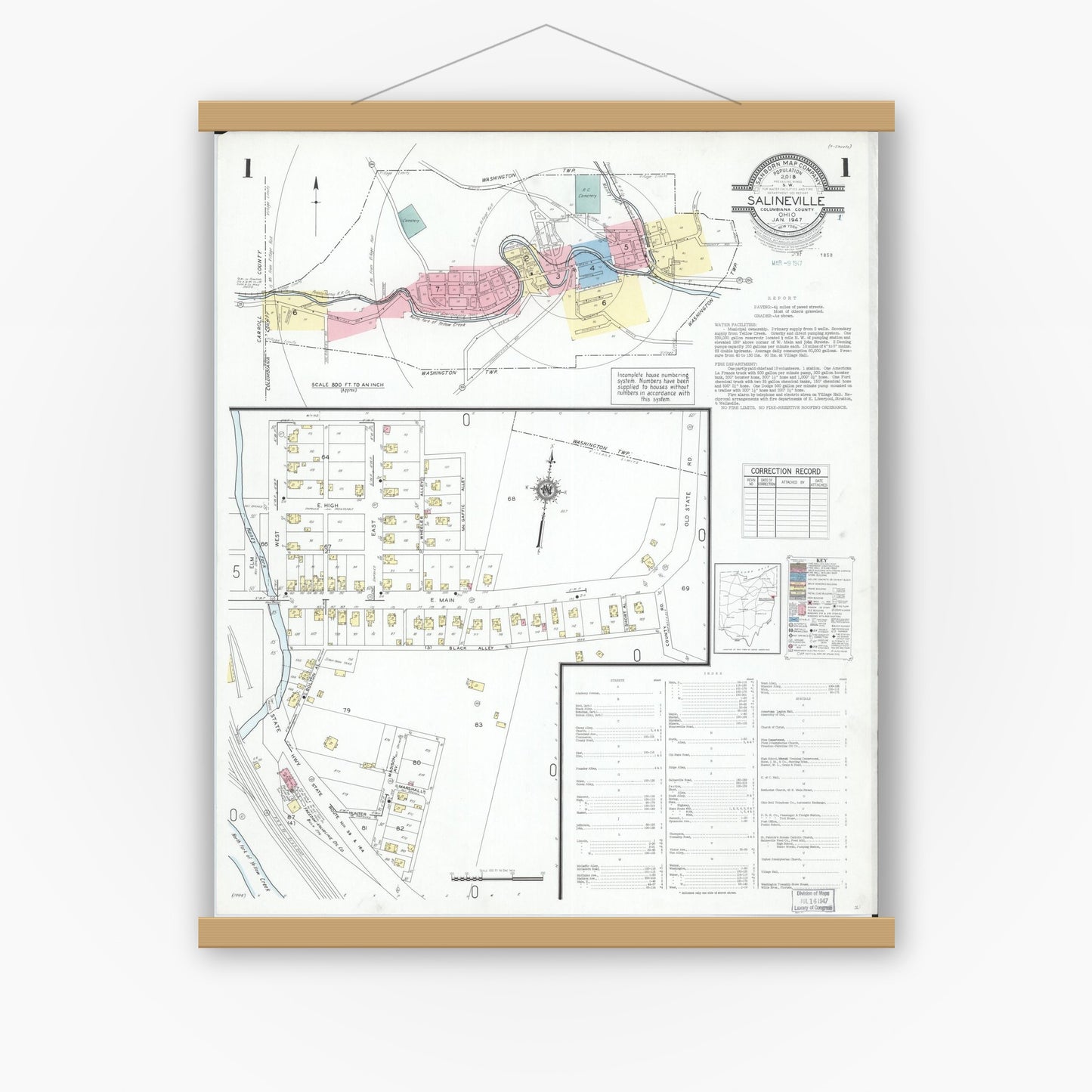Old map wall art mockup — magnetic wood frame on white wall — Sanborn Fire Insurance Map from Salineville, Columbiana County, Ohio (1947), Sheet #0001