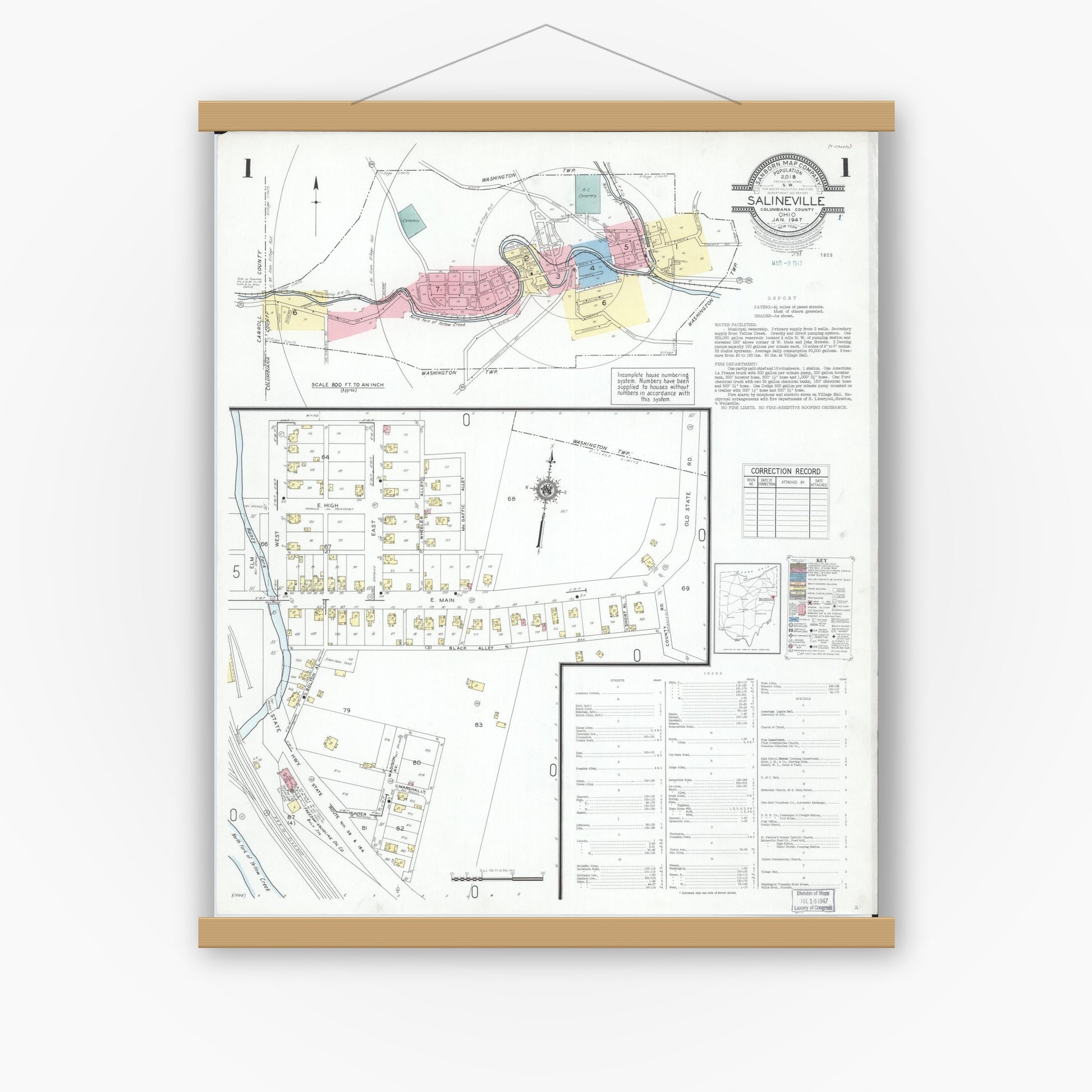Old map wall art mockup — magnetic wood frame on white wall — Sanborn Fire Insurance Map from Salineville, Columbiana County, Ohio (1947), Sheet #0001