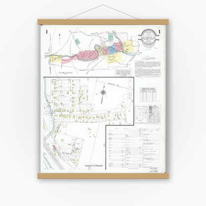 Old map wall art mockup — magnetic wood frame on white wall — Sanborn Fire Insurance Map from Salineville, Columbiana County, Ohio (1947), Sheet #0001
