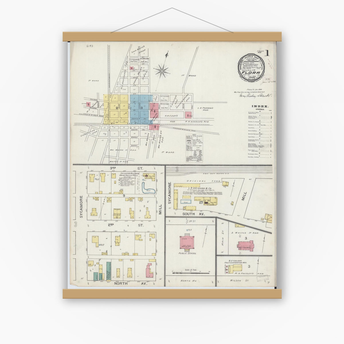 Old map wall art mockup — magnetic wood frame on white wall — Sanborn Fire Insurance Map from Flora, Clay County, Illinois (1894) - Complete Map Set