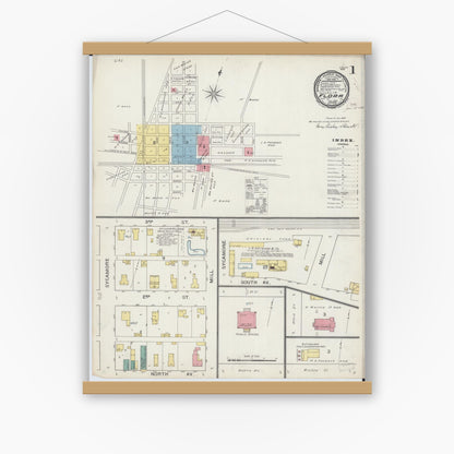Old map wall art mockup — magnetic wood frame on white wall — Sanborn Fire Insurance Map from Flora, Clay County, Illinois (1894) - Complete Map Set
