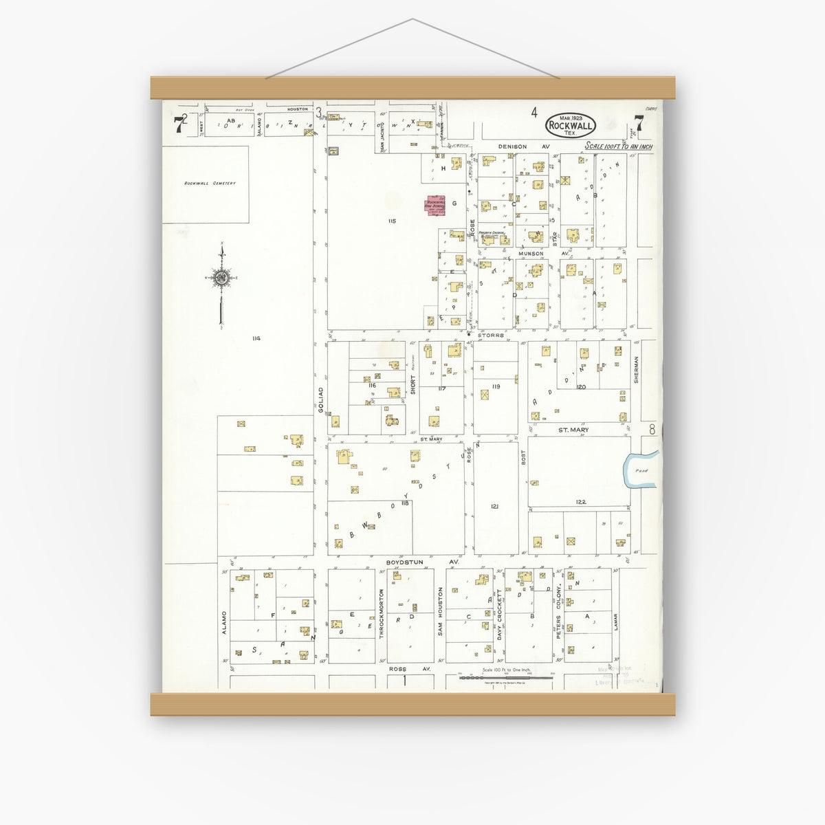 Old map wall art mockup — magnetic wood frame on white wall — Sanborn Fire Insurance Map from Rockwall, Rockwall County, Texas (1923), Sheet #0007