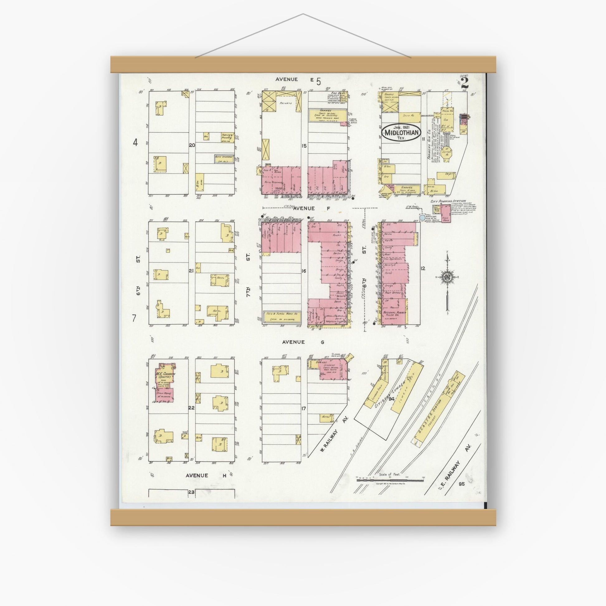 Old map wall art mockup — magnetic wood frame on white wall — Sanborn Fire Insurance Map from Midlothian, Ellis County, Texas (1921), Sheet #0002