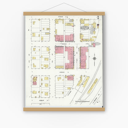 Old map wall art mockup — magnetic wood frame on white wall — Sanborn Fire Insurance Map from Midlothian, Ellis County, Texas (1921), Sheet #0002