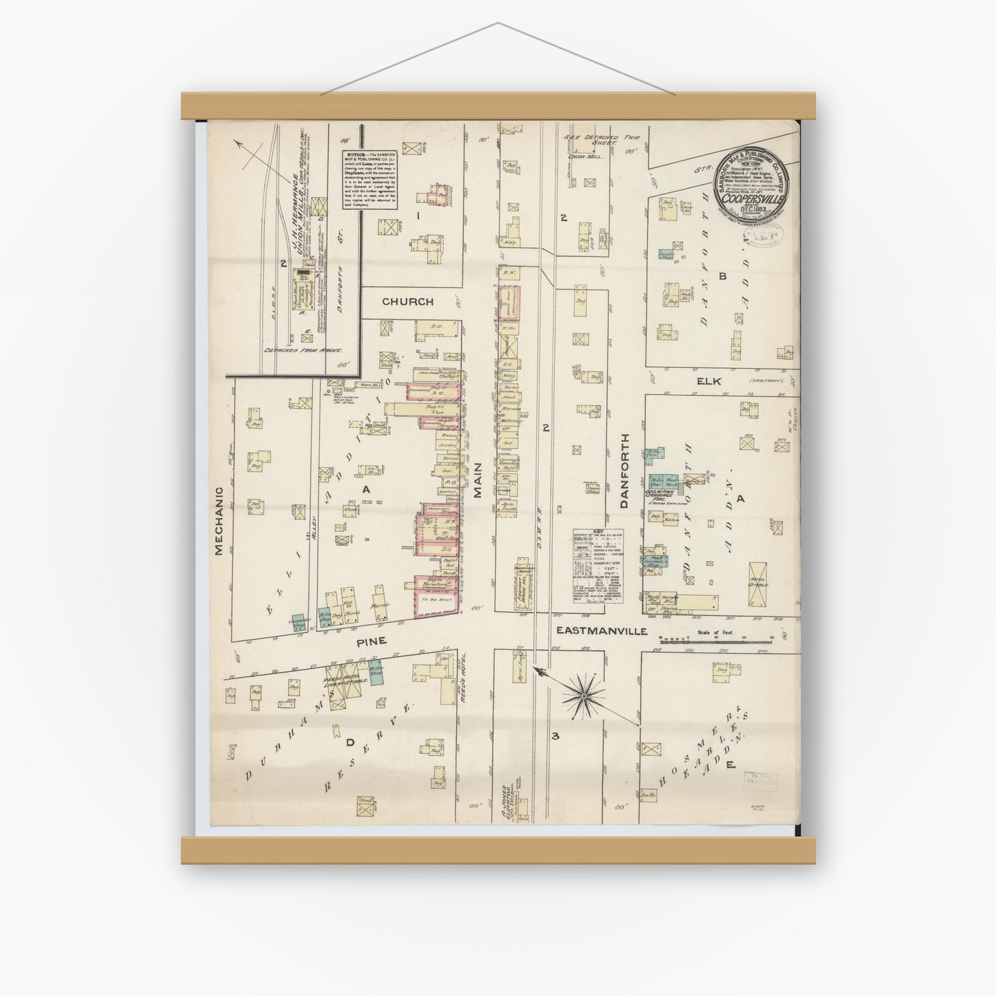 Old map wall art mockup — magnetic wood frame on white wall — Sanborn Fire Insurance Map from Coopersville, Ottawa County, Michigan (1883), Sheet #0001