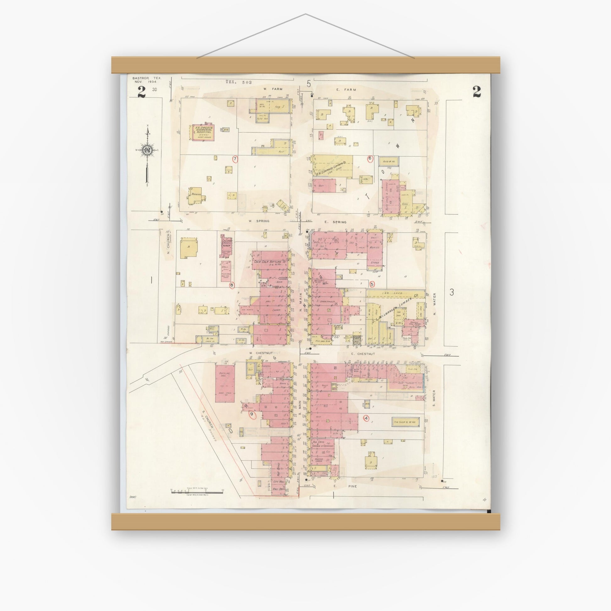 Old map wall art mockup — magnetic wood frame on white wall — Sanborn Fire Insurance Map from Bastrop, Bastrop County, Texas (1944), Sheet #0002