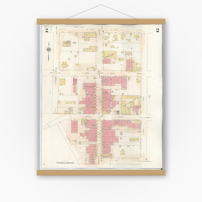 Old map wall art mockup — magnetic wood frame on white wall — Sanborn Fire Insurance Map from Bastrop, Bastrop County, Texas (1944), Sheet #0002