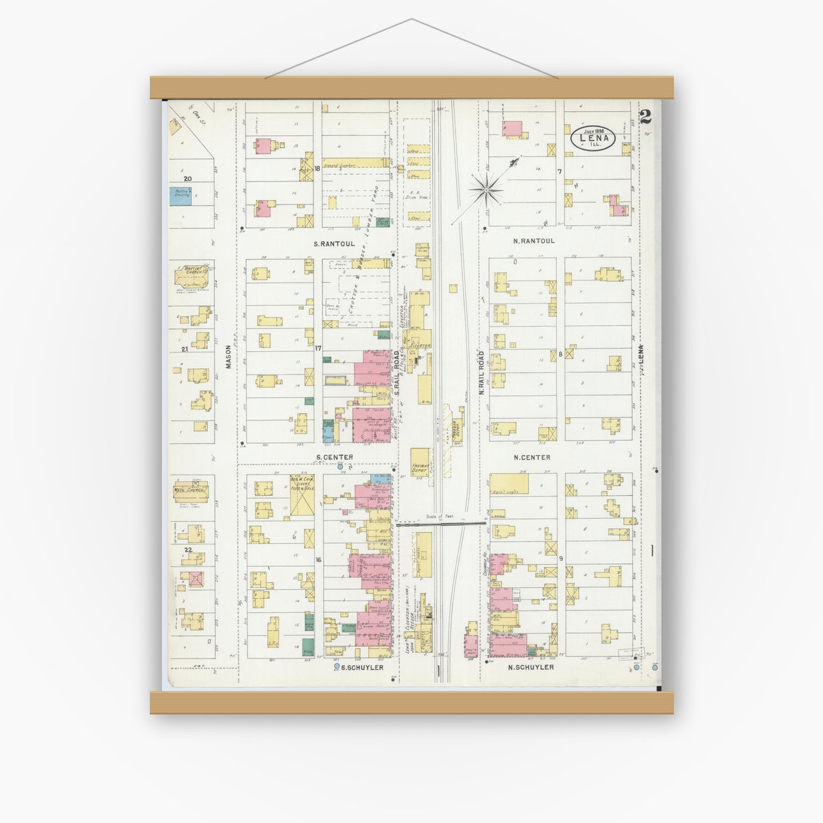 Old map wall art mockup — magnetic wood frame on white wall — Sanborn Fire Insurance Map from Lena, Stephenson County, Illinois (1898), Sheet #0002