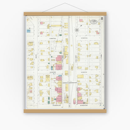 Old map wall art mockup — magnetic wood frame on white wall — Sanborn Fire Insurance Map from Lena, Stephenson County, Illinois (1898), Sheet #0002