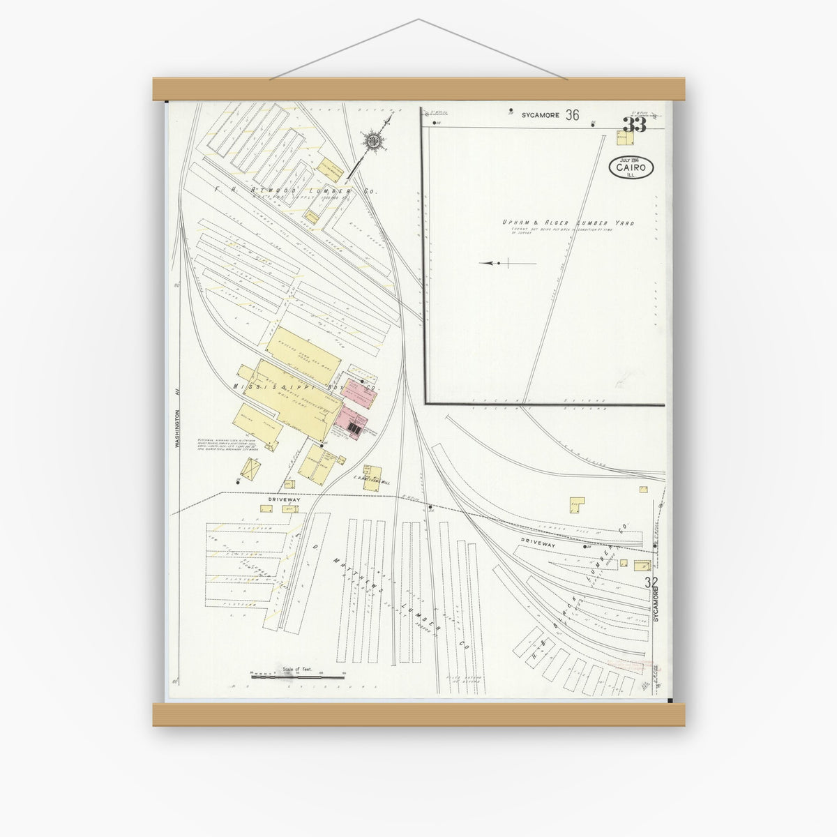 Old map wall art mockup — magnetic wood frame on white wall — Sanborn Fire Insurance Map from Cairo, Alexander County, Illinois (1914), Sheet #0033