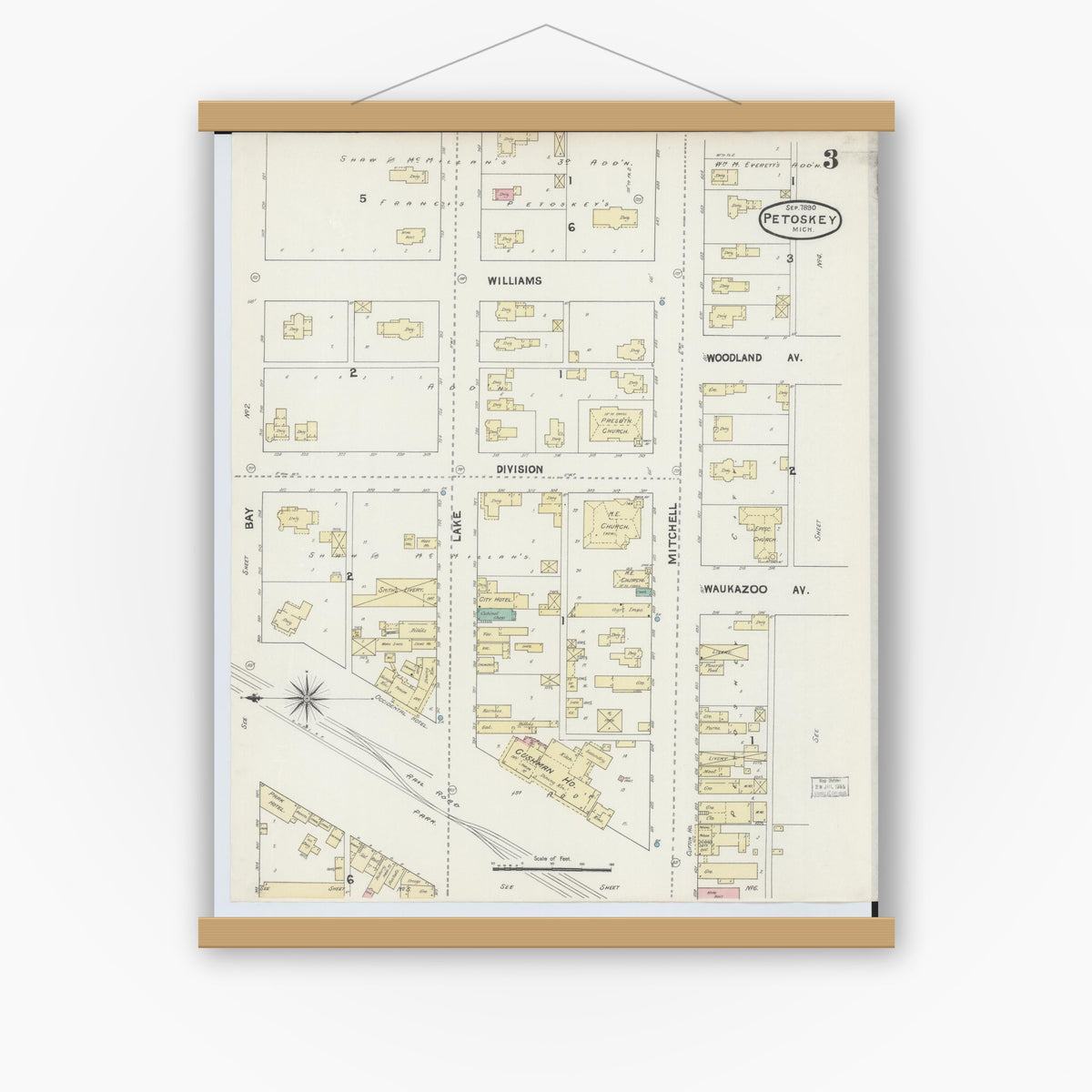 Old map wall art mockup — magnetic wood frame on white wall — Sanborn Fire Insurance Map from Petoskey, Emmet County, Michigan (1890), Sheet #0003