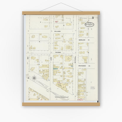 Old map wall art mockup — magnetic wood frame on white wall — Sanborn Fire Insurance Map from Petoskey, Emmet County, Michigan (1890), Sheet #0003